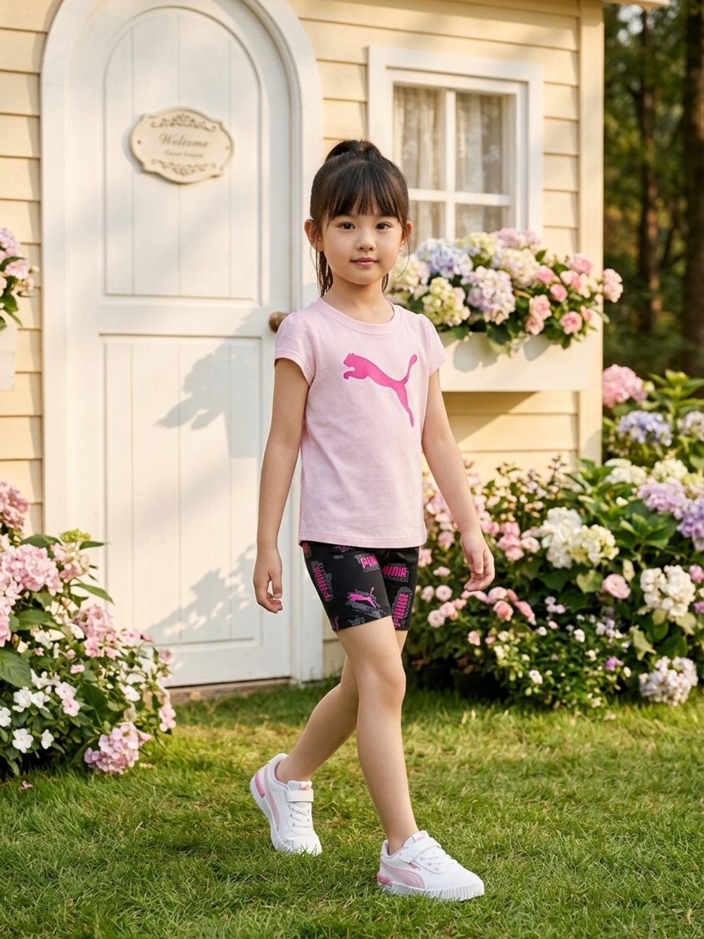 Puma Kids Pink Logo Swim Tee with Black Logo Swim Shorts